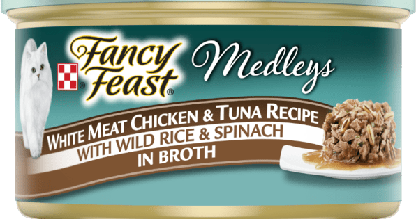 Fancy Feast White Meat Chicken & Tuna Recipe Wild Rice & Spinach In Broth